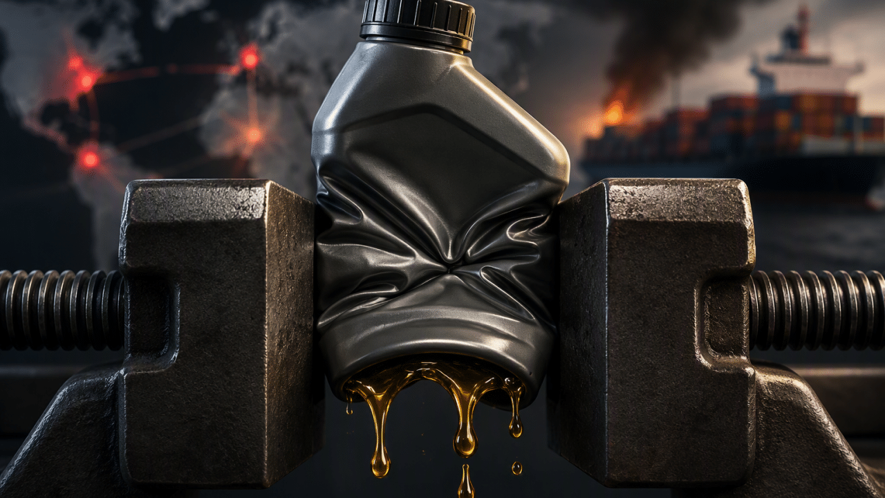 Oil bottle squeezed between two metal industrial clamps with oil dripping, industrial warehouse on fire in background